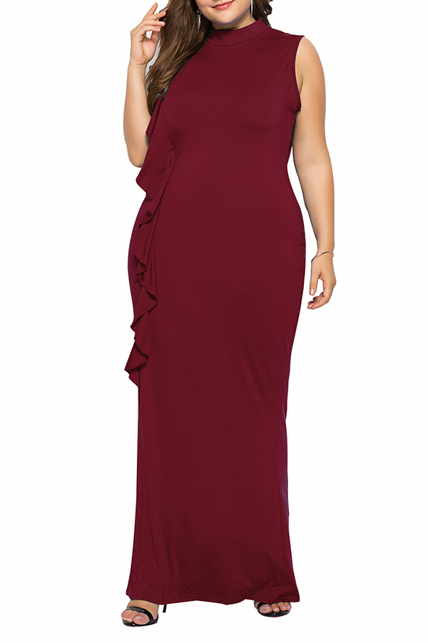 

Lovely Casual Patchwork Wine Red Floor Length Dress