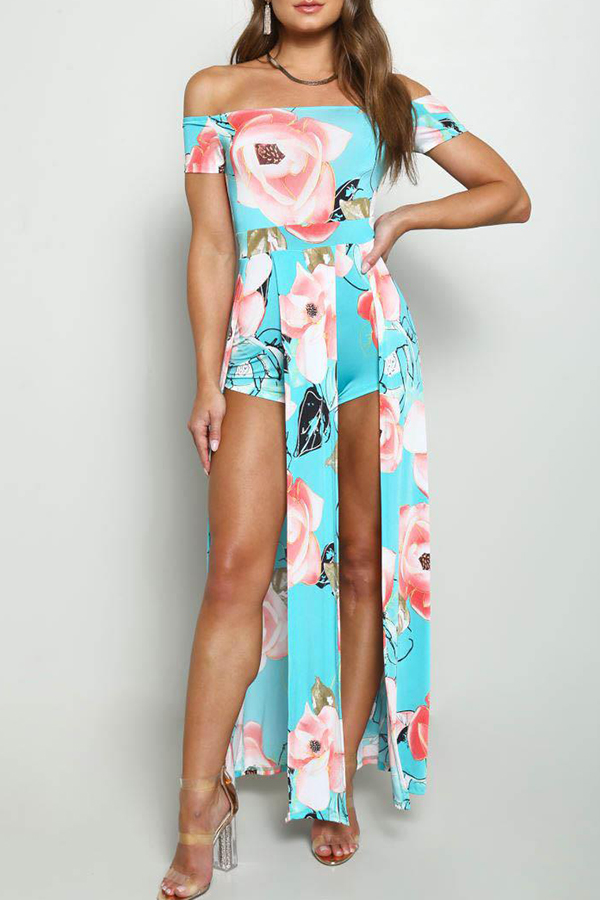

Lovely Bohemian Floral Printed Light Blue One-piece Rompers