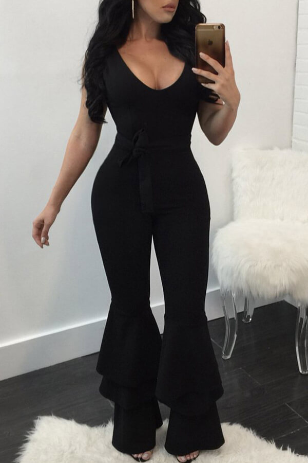 

Lovely Casual Ruffle Design Black One-piece Jumpsuit