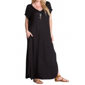 Lovely Casual Loose Black Cotton Ankle Length Dres