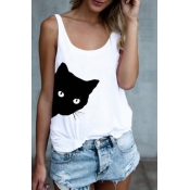 Lovely Casual Cat Printed White Tank Top