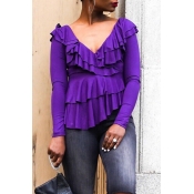 Lovely Casual Flounce Design Purple Blouses