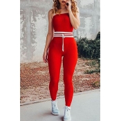 Lovely Chic Dew Shoulder Skinny Red One-piece Jump