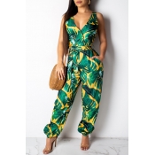 Lovely Bohemian Floral Printed Green One-piece Jum