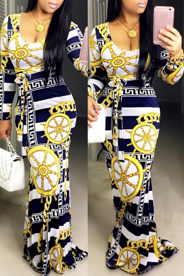 

Lovely Trendy Printed Deep Blue Floor Length Dress (With Belt)