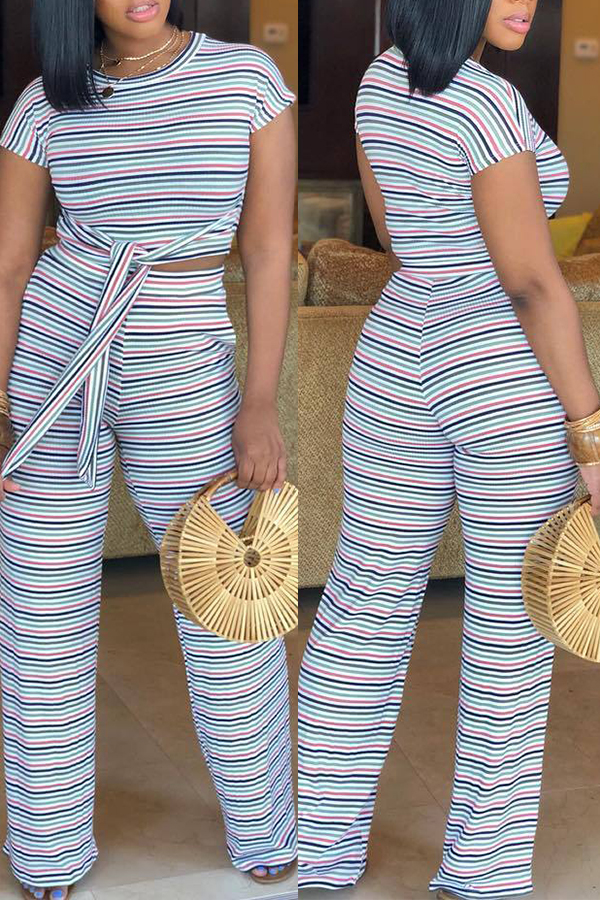

Lovely Casual Striped Blue Blending Two-piece Pants Set