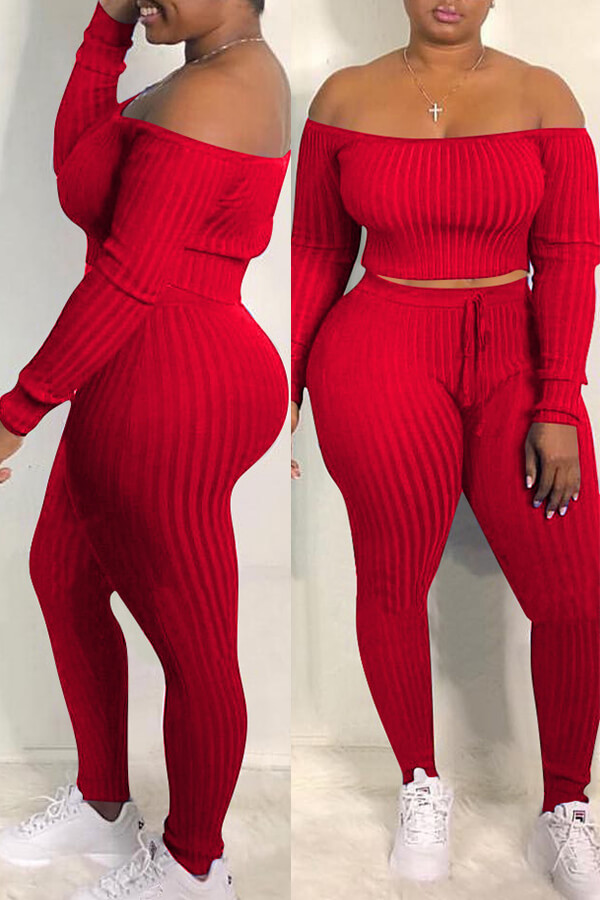Lovely Casual Dew Shoulder Red Blending Two-piece Pants Set