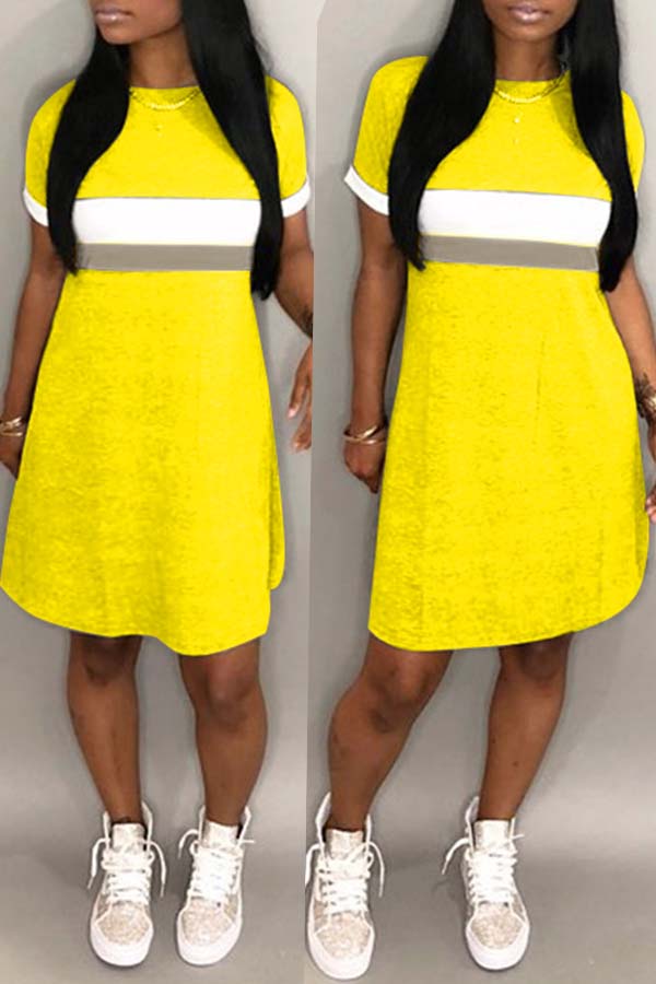 

Lovely Casual Patchwork Yellow Knee Length Dress