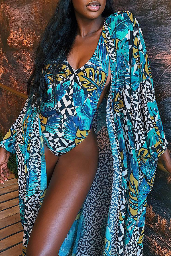 

Lovely Sexy Floral Printed Blue One-piece Swimwear (With Cover-up