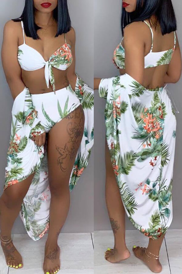 LW Floral Print Bandage Design Three-piece Swimsuit