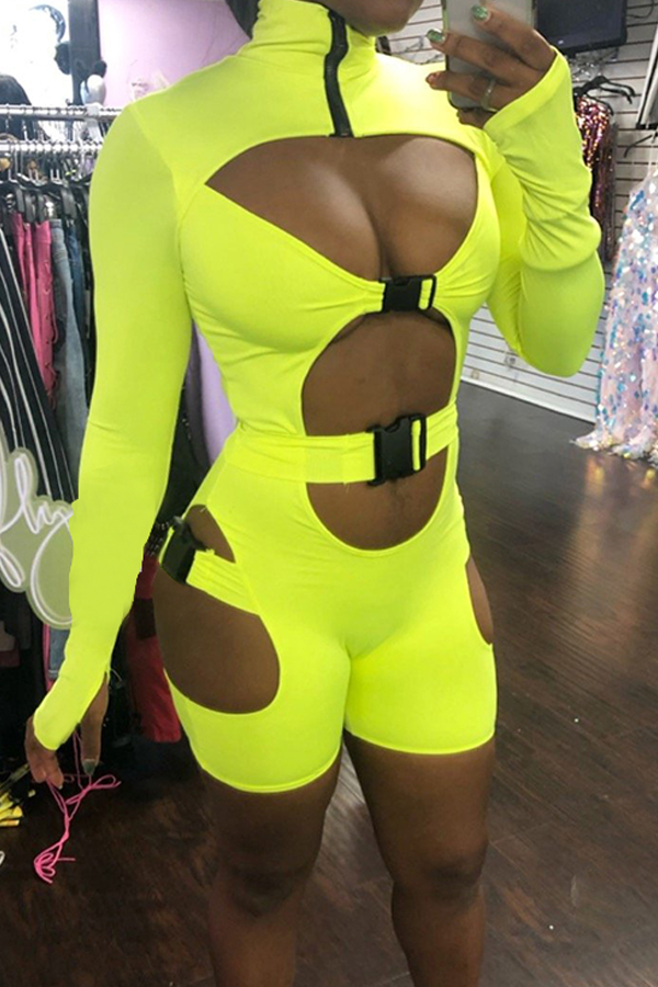 

Lovely Sexy Hollowed-out Skinny Yellow One-piece Romper