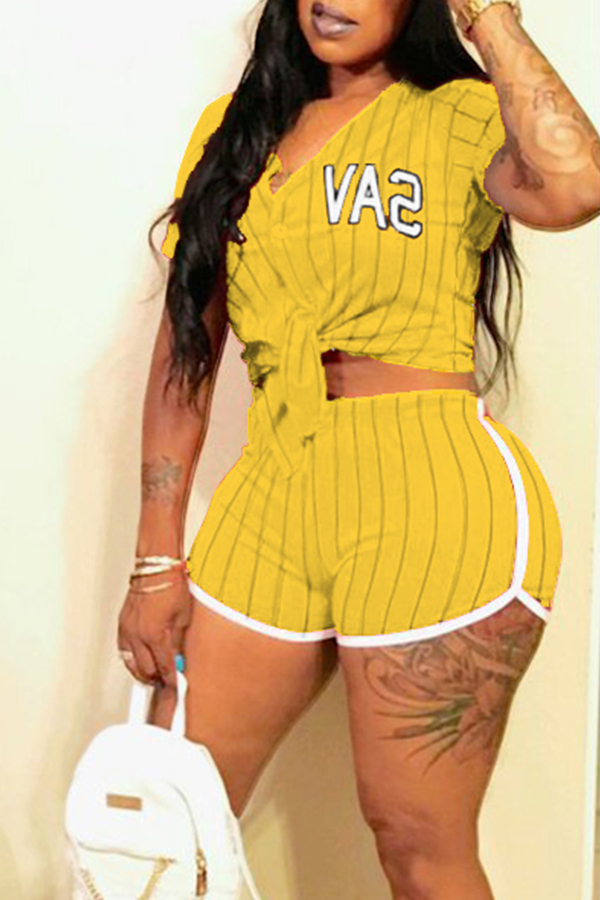 

Lovely Casual Striped Yellow Two-piece Shorts Set