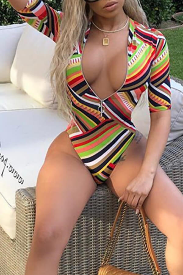 

Lovely Casual Striped Printed Multicolor One-piece Swimwear, Multicolor mstn