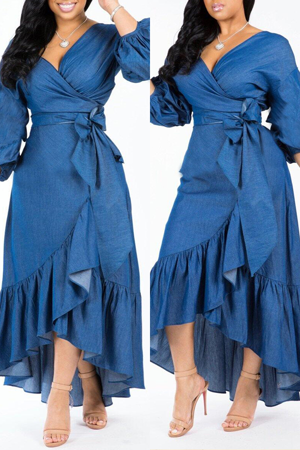 Lovely Trendy Asymmetrical Dark Blue Denim Mid Calf Dress