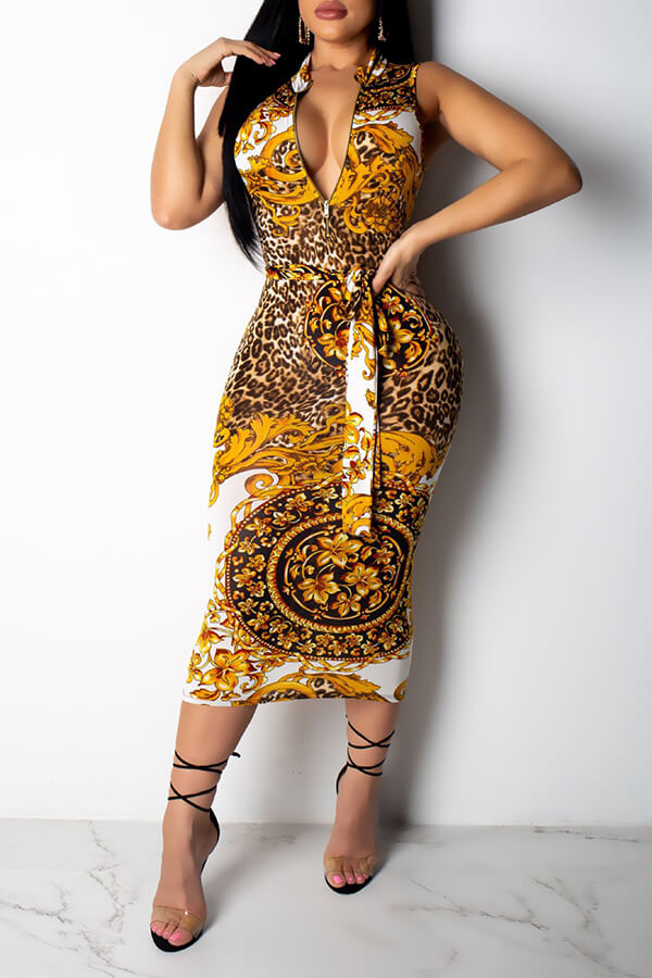 

Lovely Sweet Printed Skinny Yellow Twilled Satin Mid Calf Dress