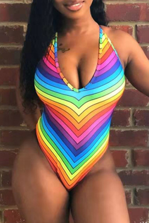 

Lovely Trendy Rainbow Striped Multicolor One-piece Swimwear