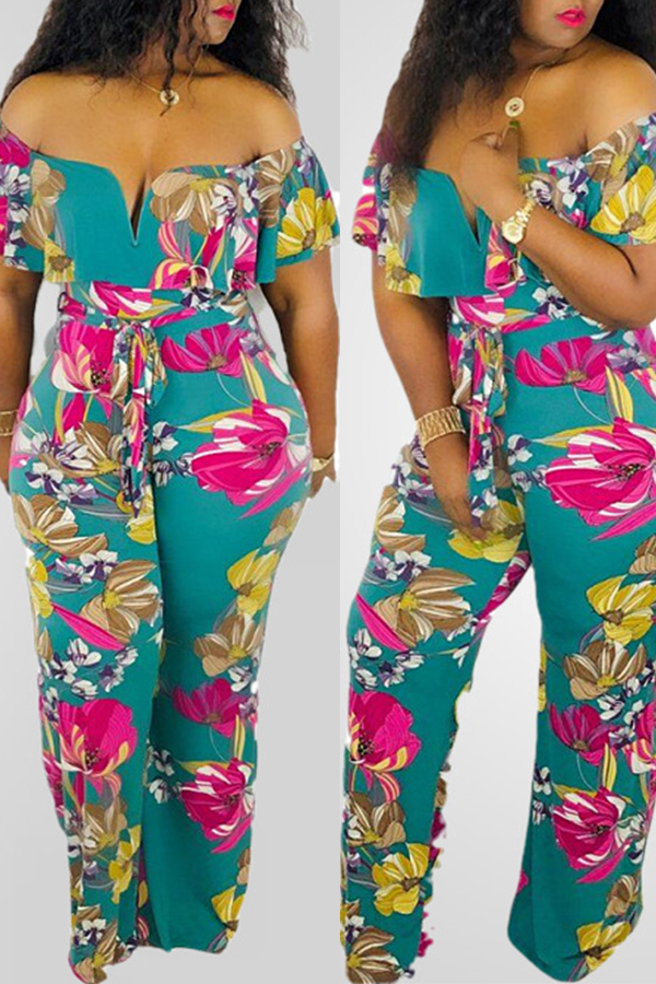

Lovely Bohemian Dew Shoulder Printed Green Two-piece Pants Set