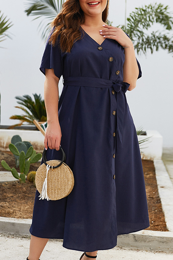 Lovely Plus-size Lace-up Navy Blue Mid Calf Dress