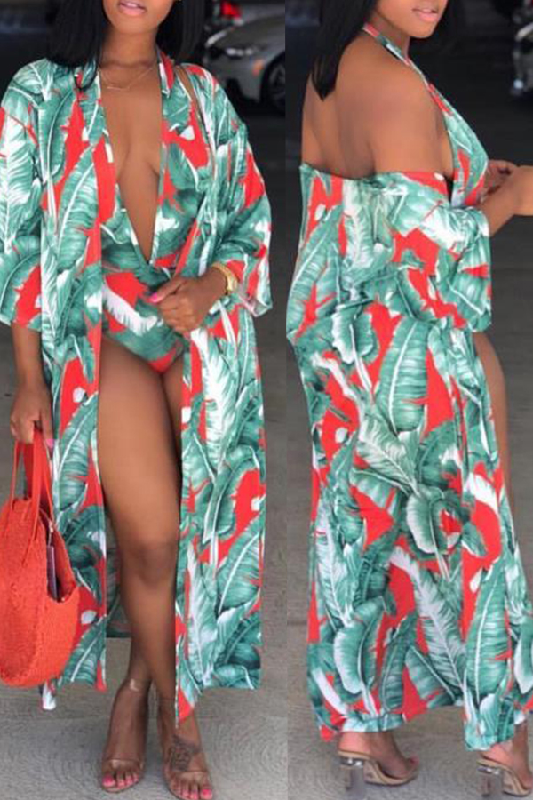 

Lovely Green Deep V Neck Printed One-piece Swimwear(With Cloak)