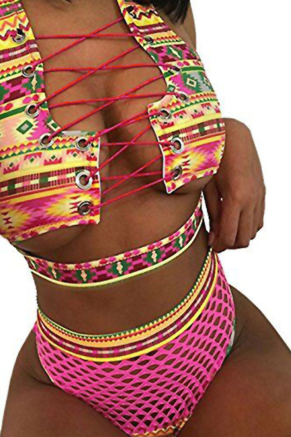 

Lovely Chic Lace-up Hollow-out Printing Red Two-piece Swimwear