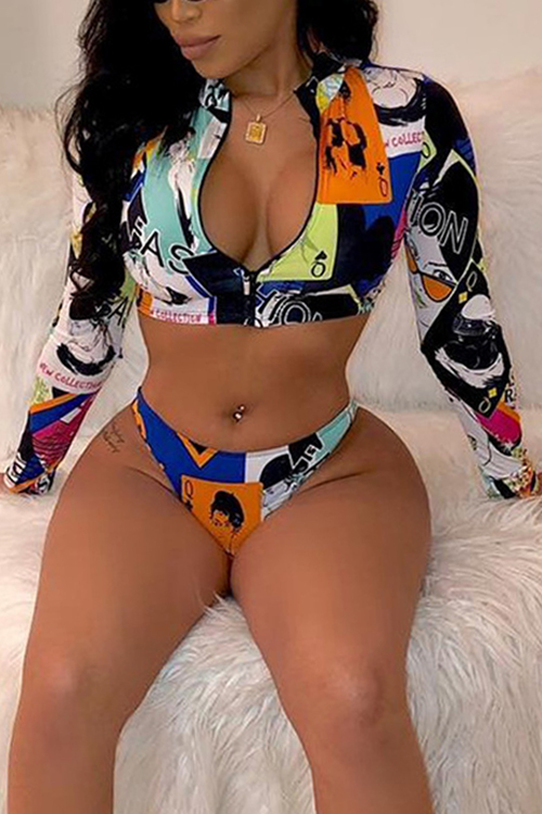 

Lovely Cartoon Print Multicolor Two-piece Swimsuit, Multi