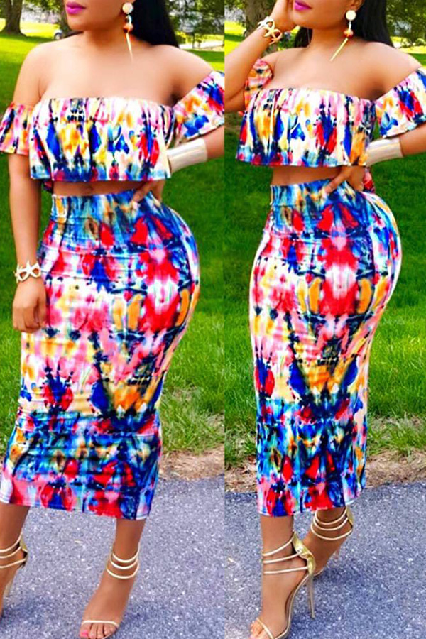 

Lovely Dew Shoulder Printed Two-piece Skirt Set