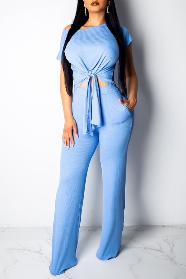 

Lovely Casual Short Sleeve Blue Two-piece Pants Set