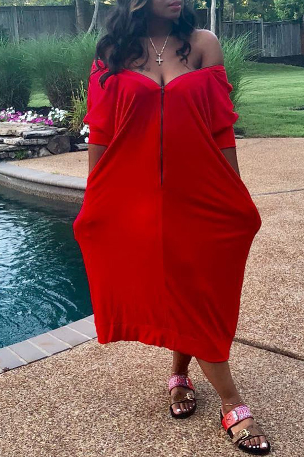 

Lovely Dew Shoulder Zipper Design Red Dress(With Elastic