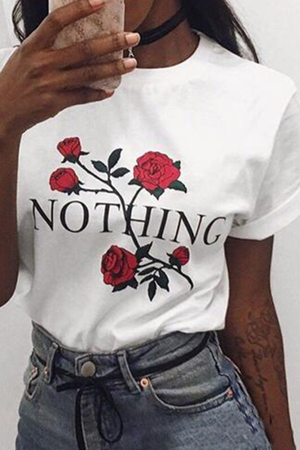 

Lovely Rose Printed White Cotton T-shirt
