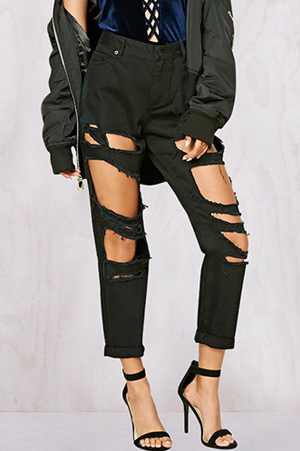 

Lovely Stylish Broken Holes Black Jeans