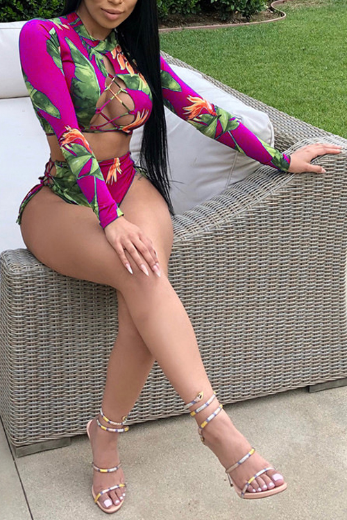 

Lovely Sexy Printed Hollow-out Rose Red Two-piece Swimwear