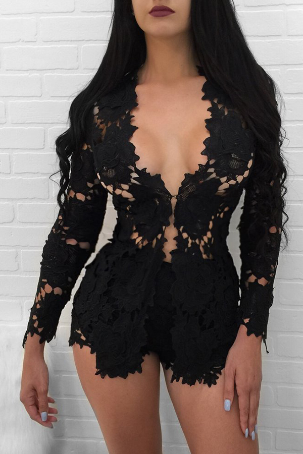 

Lovely Sexy Hollow-out Black Two-piece Shorts Set