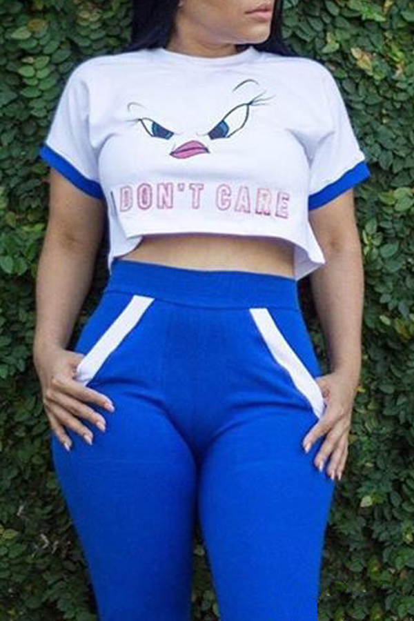 

Lovely Leisure Short Sleeve Print Blue Two-piece Pants Set