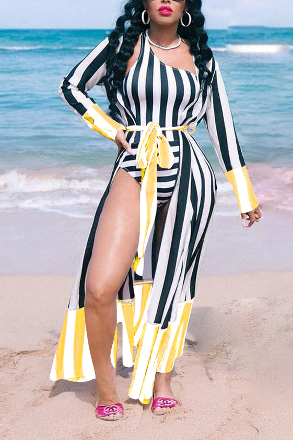 

Lovely Bohemian One Shoulder Yellow One-piece Swimwear (With Cover-up