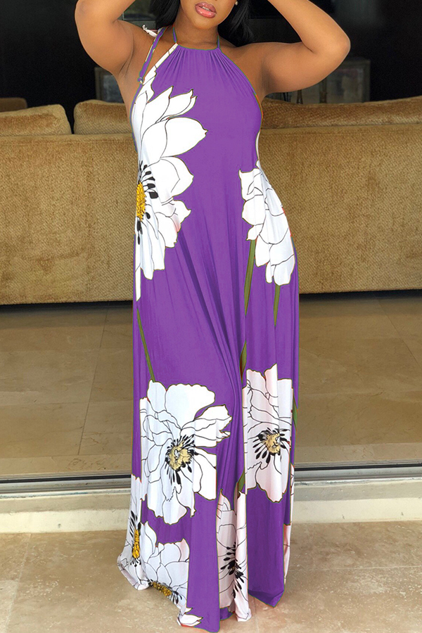 

Lovely Casual Floral Printed Light Purple Floor Length Dress(WWith Elastic)