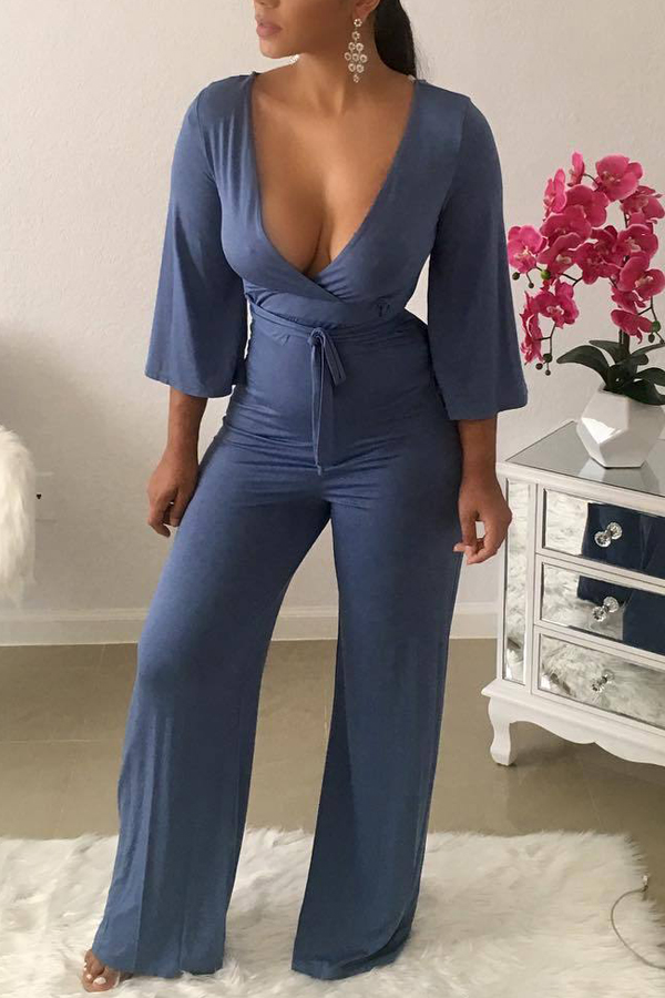 

Lovely Sexy Deep V Neck Purple Jumpsuit(With Elastic