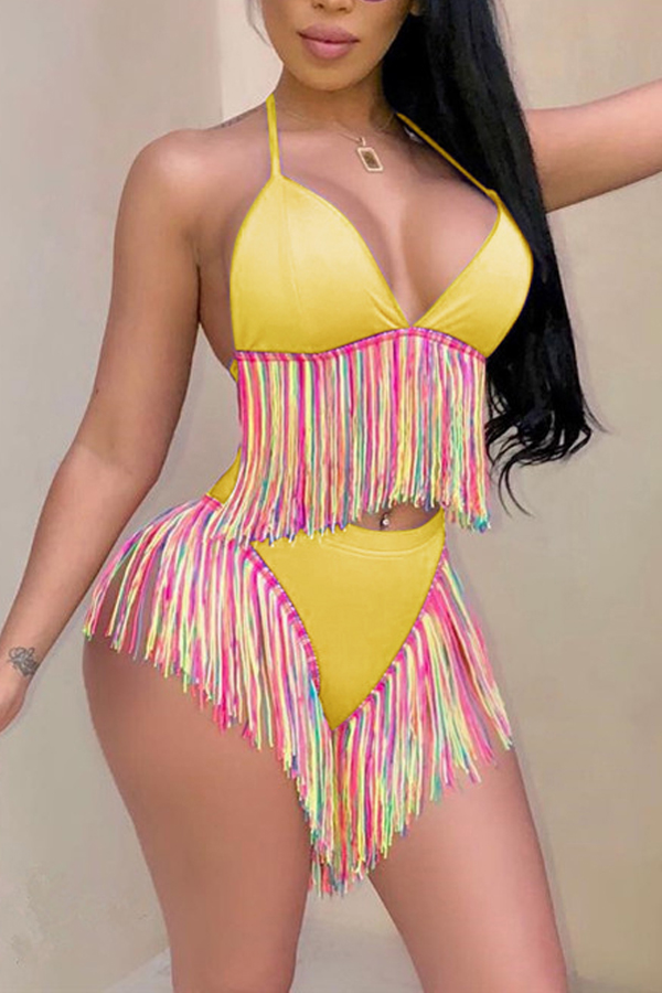 

Lovely Sexy Tassel Design Yellow Two-piece Swimwear