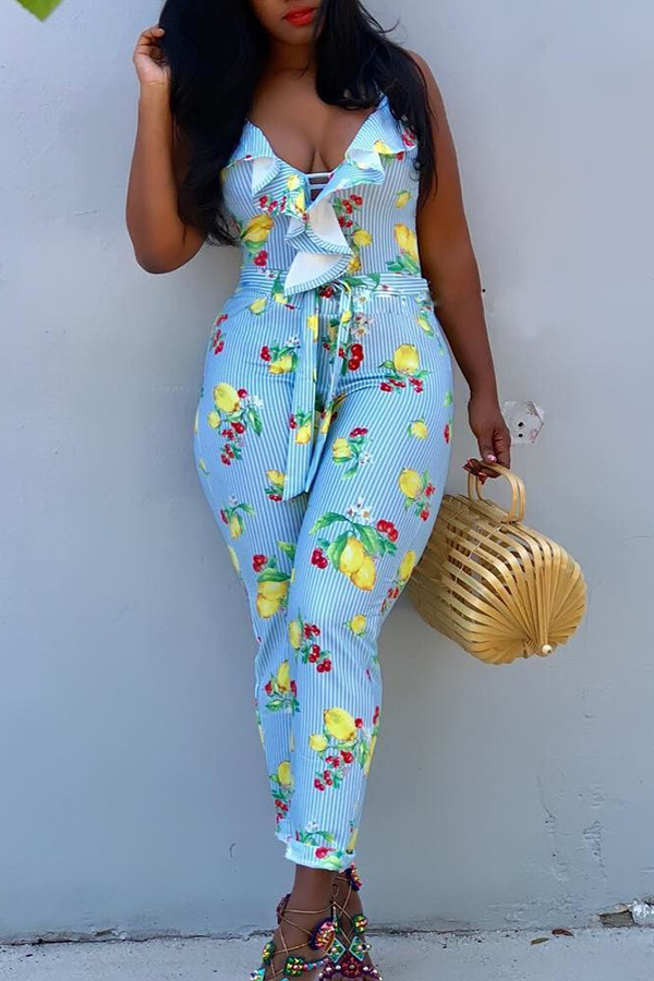 

Lovely Stylish Print Ruffle Design Light Blue Jumpsuit(With Elastic)