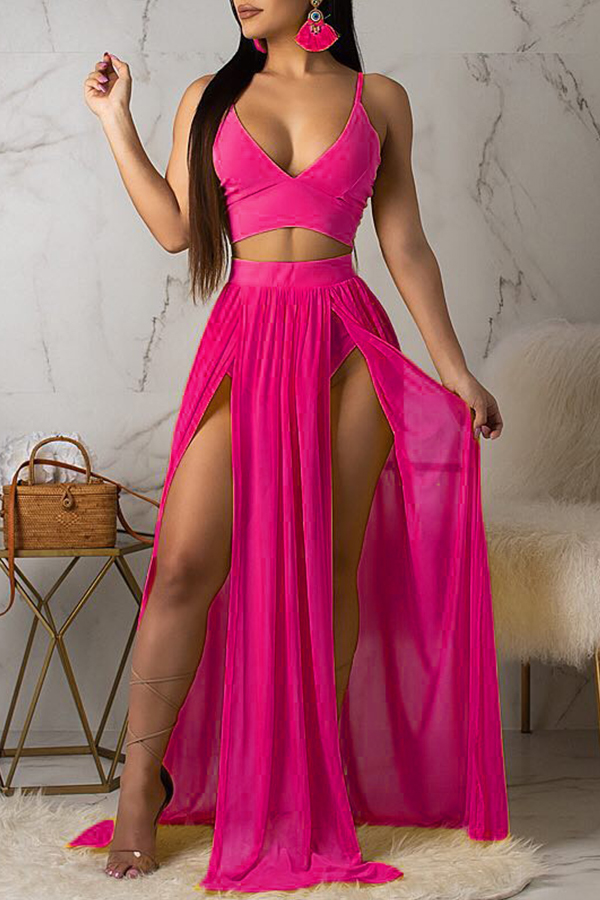 

Lovely Casual High Slit Rose Red Chiffon Two-piece Skirt Set