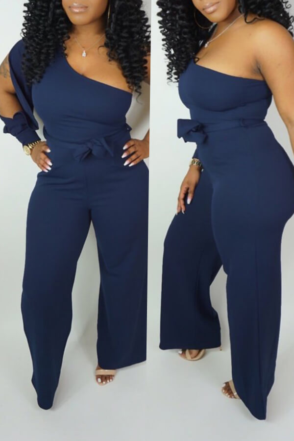 

Lovely Casual One Shoulder Asymmetrical Blue Jumpsuit(Elastic