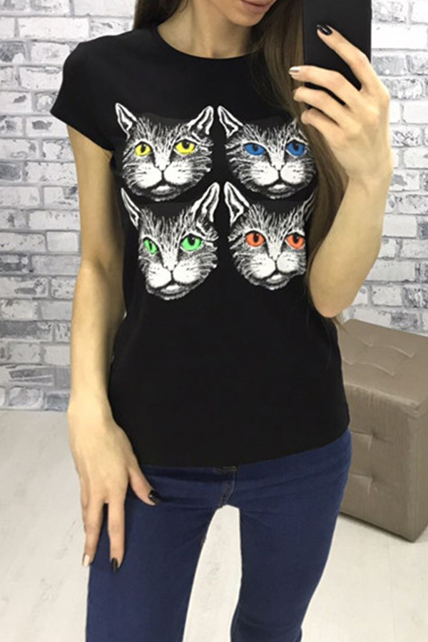 

Lovely Casual Cat Printed Black T-shirt