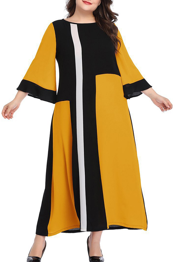

Lovely Casual Patchwork Yellow Ankle Length A Line Dress