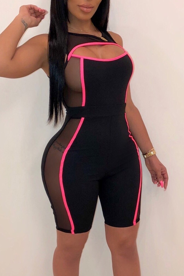 

Lovely Casual Mesh Patchwork Rose Red One-piece Romper
