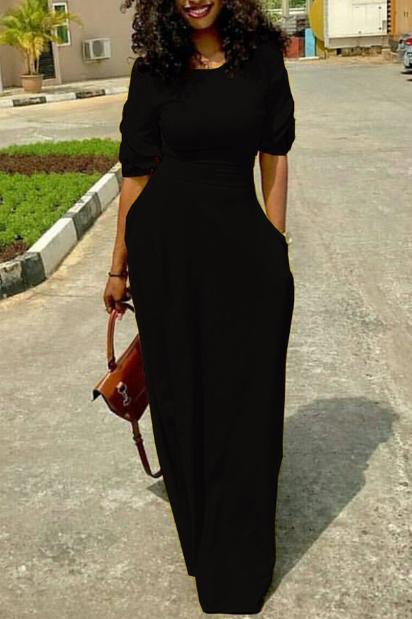 

Lovely Casual Pockets Both Side Black Floor Length Dress