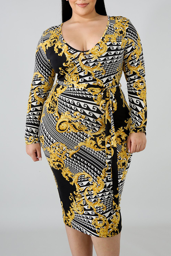 

Lovely Plus-size Printed Yellow Mid Calf Dress