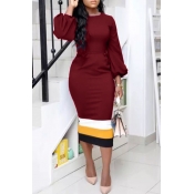 Lovely Trendy Patchwork Wine Red Mid Calf Dress