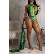 Lovely Trendy Floral Printed Green One-piece Swimw