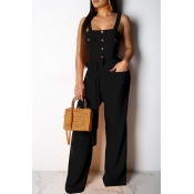 Lovely Casual Buttons Decorative Black One-piece J