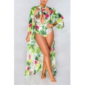 Lovely Trendy Floral Printed Light Green One-piece