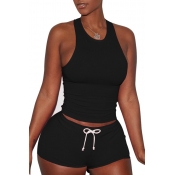 Lovely Sportswear Drawstring Black Two-piece Short